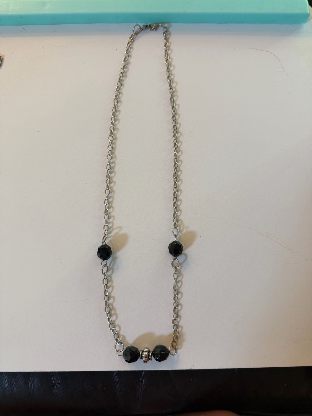 Silver tones, black bead necklace 24 inches